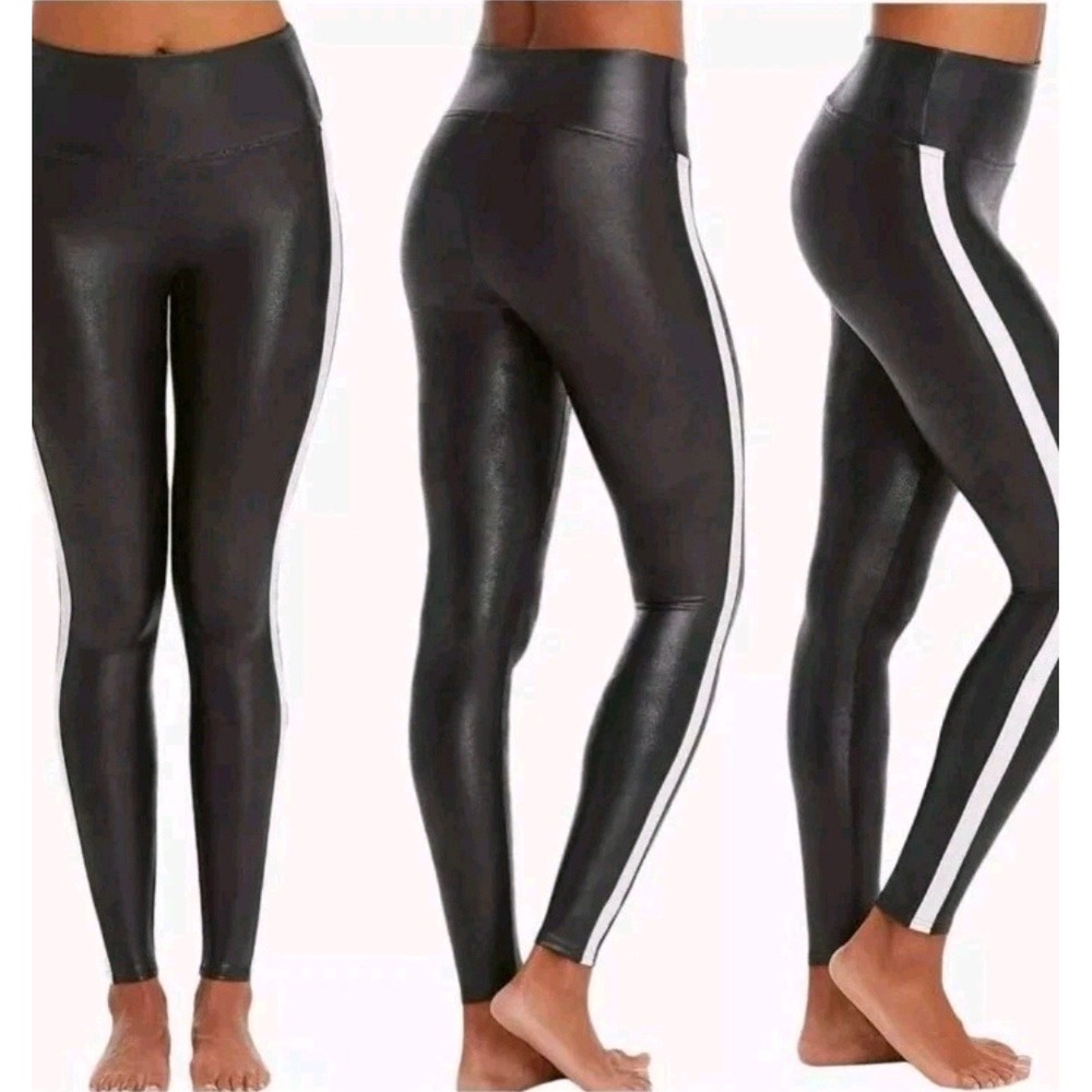 Spanx Faux Leather Women's S Side Stripe Leggings Black White Slimming 20187R